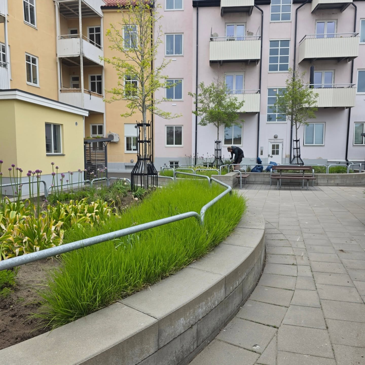 Innergård med planteringar, gräs och sittplats i ett bostadsområde